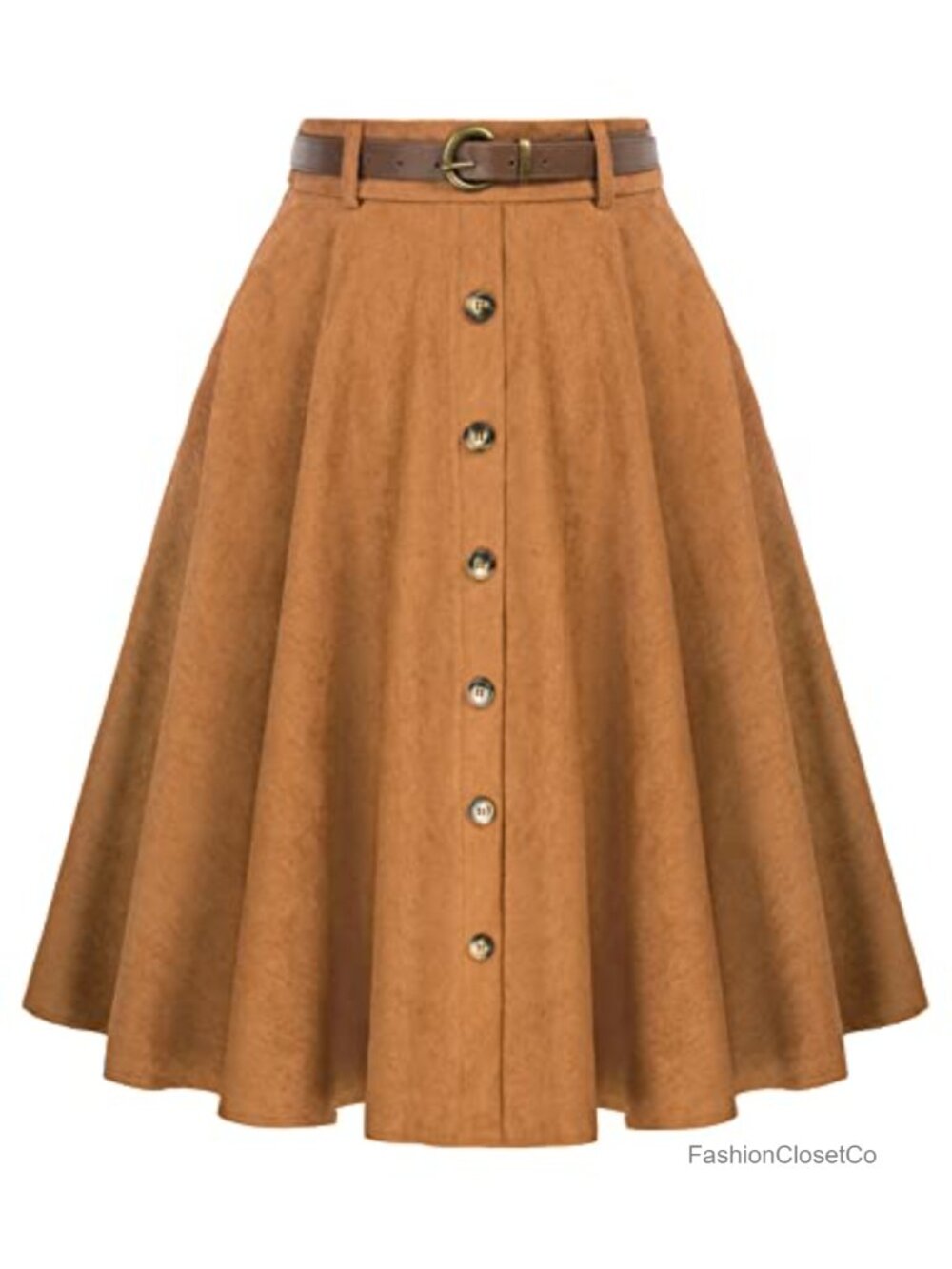 Corduroy Midi Skirt High Waist A-Line with Pockets Belt